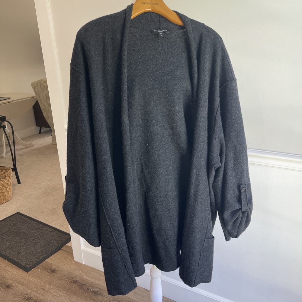 Eileen Fisher Merino Wool Open Front Cardigan 2X Black Roll Tab Minimalist